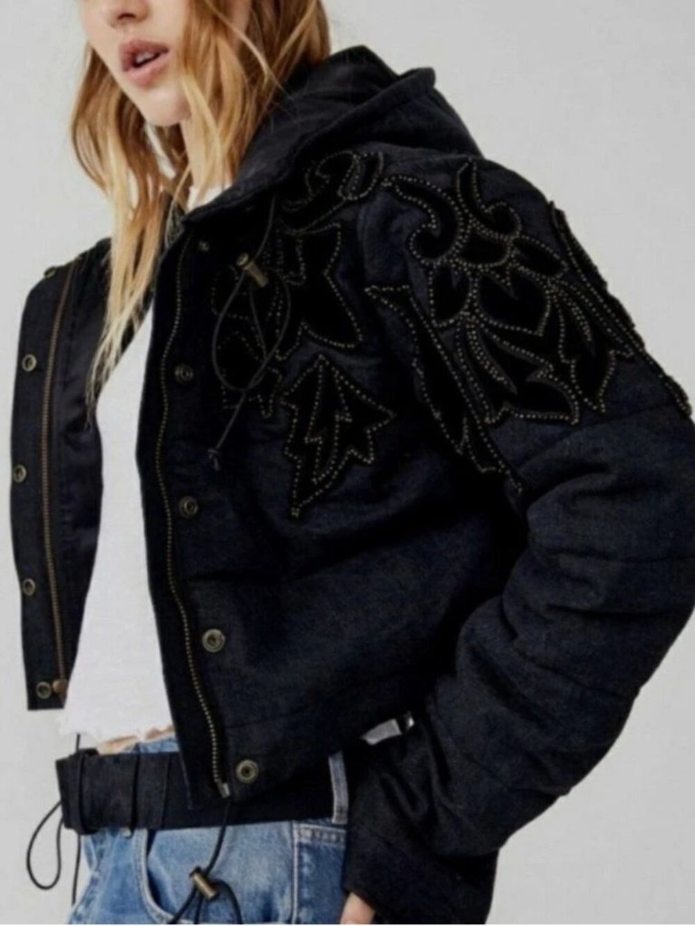FREE PEOPLE Fleur de Lis Black Denim Hoodie Puffer Bead Velvet Jacket Sz M ($398